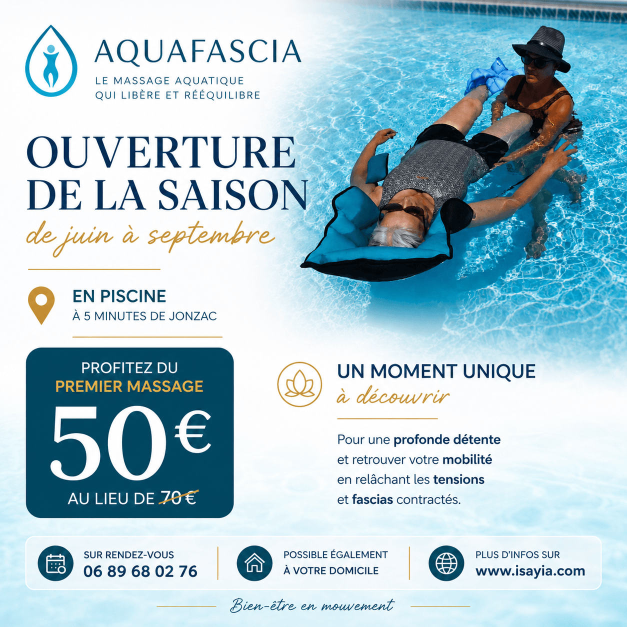 Affiche Aquafascia — ouverture de la saison de juin à septembre, premier massage à 50€